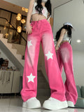 Barbie outfits Women's Star Printed Tie-dye Pink Jeans Summer New Street Style Sweet Cool Female Loose High Waist Straight Casual Denim Pants