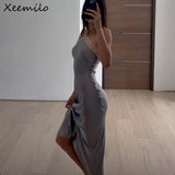 Amfeov  Satin Off Shoulder Maxi Dresses Aesthetic Lace Stitch Backless Sundress 2024 Summer Beachwear Elegant Party Robe