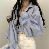 Amfeov 2022 Spring Autumn Women Shirts Striped Loose Oversized Blouses Puff Sleeve Female Tops Loose BF Korean Style Blusas