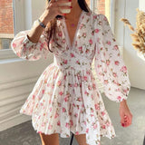 Amfeov back to shcool Summer Dresses For Women 2024 Spring New Temperament Sweet V-Neck Lace Short Dress Long Sleeve White Printed Woman Dresses