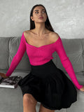 Amfeov Solid Long Sleeve Sweaters For Women Sexy Off The Shoulder Slim Knitted Top Pullovers 2022 Autumn Winter Elegant Sweater Jumpers