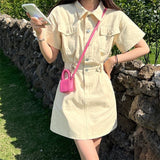 Amfeov Barbie outfits Polo Collar Button Waist Pink Women's Short Sleeve Dress Summer Hong Kong Style Leisure Young Girl Yellow Skirt Female