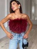 Amfeov back to school Sanche Strapless Crop Top Feathers Women Summer White Cami Y2K Tank Tops Club Party Tube Tank Top