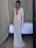 Amfeov White Knit Maxi Dress Sexy Deep V-Neck See Through Vacation Beach Dress 2023 Spring Summer Fashion Long Split Cover Up Beachwear