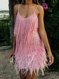 Aimays  Sequins Tassel Feather Mini Dress Women 2022 Summer Spaghetti Strap V-Neck Backless Evening Party Club Elegant Dresses Sexy Prom