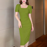 Amfeov Summer New Midi Dress For Women Elegant  Bodycon Office Lady Solid Femme Fashion  Clothing Vestidos