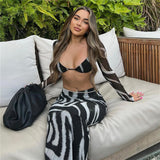 Amfeov Women Skirts Sets Elegant Sexy Zebra Print Two Piece Sets Party Outfits 2022 Summer Long Sleeve T-shirts and Maxi Skirts Suits