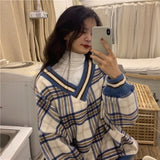 Amfeov Oversized Hoodie Plaid Print Sweatshirt Pullovers V-Neck Long Sleeve Top Women Loose Korean Fashion Clothing Harajuku Sweatshirt