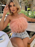 Amfeov back to school Sanche Strapless Crop Top Feathers Women Summer White Cami Y2K Tank Tops Club Party Tube Tank Top