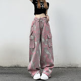 Amfeov Barbie outfits Women's American High Street Pink Camouflage Cargo Trousers Summer Street Multiple Pockets Female Loose Straight Wide Leg Pants