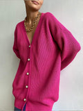 Amfeov Rose Red Casual Loose Cardigan For Women Fashion Long Sleeve Knitted Coat 2022 Fall Winter Elegant Oversized Sweaters Knitwear