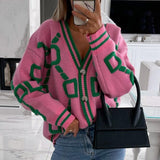 Cyber Monday Sales Women Cardigan Green Striped Pink Knit Button Lady Cardigans Sweaters V-Neck Loose Casual Winter Fashion Knitted Coat
