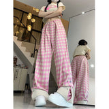 Amfeov Barbie outfits Women's Pink Plaid Pants Summer New Street Sweet Style Female Loose High Waist Straight Leg Casual Trousers