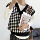 back to school Spring Fashion Loose Houndstooth Knitted Vest Sweater Casual V Neck Sleeveless Thick Sweater Female Waistcoat Chic Tops 17502