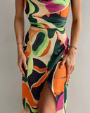 Amfeov 2022 Summer Woman Chic Abstract Print Cowl Neck High Slit Sleeveless Party Dress