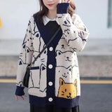 Thanksgiving Day Gifts Harajuku Kawaii Cartoon V Neck Cardigan Women Cute Cat Vintage Knitted Sweater Female Retro Long Sleeve Knitwear Coat Women Tops