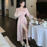 Amfeov Sexy Pajamas With Feathers Sleepwear Bathrobe Female Women's Long Robe Summer Nightgowns Pink Designer Clothes Luxury