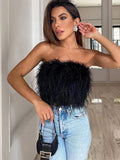 Amfeov back to school Sanche Strapless Crop Top Feathers Women Summer White Cami Y2K Tank Tops Club Party Tube Tank Top