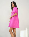 AMFEOV Holiday Casual Women Bow Tie Dress Puff Sleeves Hollow Out Ruched Dress Summer 2022 Cotton Linen Pink Elegant Ladies