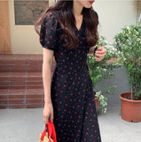 Amfeov back to school Summer French Chiffon Dress for Women Fashion V-neck Printed Cherry Black Dress Elegant Sweet Office Lady Dress Vestido 14756