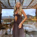 Amfeov Elegant Cut Out Ruched Brown Summer Dress For Women Party Club Vestido Sexy Backless Draped Maxi Dresses Clothes