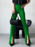 AMFEOV Fashion Summer Trousers Pink Flare Womens Pants High Waist Split Sexy Leggings Pants Green Female Trousers Bodycon