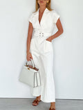 AMFEOV Office Ladies White Jumpsuits With Sashes Notched Zipper Wide Leg Rompers Short Sleeves Summer Fashion Formal Women