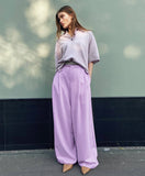AMFEOV Lavender Chic Pleated Women Palazzo Trousers High Waist Wide Leg Pants Floor-Length 2022 Lady Trousers Pocket Solid