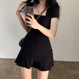 Amfeov back to school  Black Dress Women Square Collar Short Sleeve Slim Mini Dress Summer Korean Fashion Folds Ruffles Bodycon Sundress