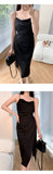 Amfeov Summer Women Satin Strap Midi Sleeveless Split Dress Ruched Backless Bodycon Sexy Party Elegant Club Slim Clothes Vestidos