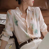 Amfeov back to school 2024 Spring Summer Casual Silk Shirts Vintage Print Chiffon Shirt Women Button Up Lady Tops Long Sleeve Satin Blouse Women 21808