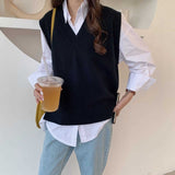 Amfeov Casual Solid Knit Vest Sleeveless Sweater For Women Spring/Autumn V-Neck Loose Pullovers Knit Vest Woman Korean Style Clothes