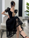 Amfeov Summer New Elegant Midi Black Lace Dress For Women Solid Femme Fashion Party Clothing Vestidos