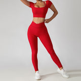 Amfeov 2 Pieces Seamless Women Yoga Set Workout Sportswear Gym Clothing Fitness Long Sleeve Crop Top High Waist Leggings Sports Suits