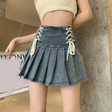 Amfeov hoco dresses back to school Denim Pleated Skirt Korean Fashion Women Bandage High Waist A-line Cute Cargo Jean Mini Skirt Summer Y2k Girl