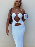 Amfeov back to school Tinastyle White Hollow Out Kint Summer Dress Women 2024 Sleeveless Backless Bodycon Slit Midi Dresses Elegant Beach Party Dress