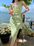 Amfeov Summer Women Satin Spaghetti Strap Split Midi Dress Elegant Sleeveless Party Beach Sexy Vestidos One Piece Green Clothes