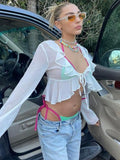 Amfeov Back to School Fashion Ruffle Y2K Tops White Sexy Mesh See Through Crop Top Long Sleeve Lace Up Shirt Green Blouse Streetwear 2023 Spring New