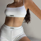 Amfeov Cotton Home Suit Gothic Angel Letter Embroidery Women Pajamas Streetwear Gyms Two Piece Set Mini Crop Top Camisole Sporty Shorts