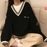 Amfeov Women's Oversize Sweater Preppy Style Letter Patchwork V-Neck Pullover Vintage Sweater Women Winter Korean Fashion Chic Sweater