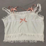 Amfeov back to school Pink Japanese Kawaii Lolita Crop Top Women White Korean College Style Sweet Tank Top Bow Lace France Princess Vset Female 2024