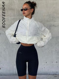 Fall outfits back to school  Street Style Stand Collar Drawstring Zip Up Cropped Jackets Fall 2023 Fashion Women Clothing White Coats C95-FI35