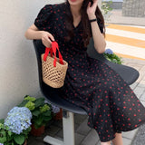 Amfeov back to school Summer French Chiffon Dress for Women Fashion V-neck Printed Cherry Black Dress Elegant Sweet Office Lady Dress Vestido 14756