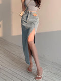 Amfeov back to school  Long Denim Skirt Vintage Women Solid High Waist  A-LINE Slim Korean Style Jean Slit Midi Skirt Summer Fashion Girl