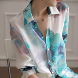 Amfeov back to school 2024 Spring Summer Casual Silk Shirts Vintage Print Chiffon Shirt Women Button Up Lady Tops Long Sleeve Satin Blouse Women 21808