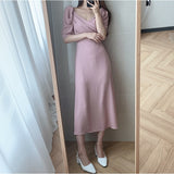 Thanksgiving Day Gifts Korean Style Puff Sleeve Dress Women Long Sleeve Sexy V-Neck Slim A-Line Female Lace-Up Short Sleeve Summer Dresses Vintage
