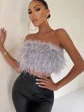 Amfeov back to school Sanche Strapless Crop Top Feathers Women Summer White Cami Y2K Tank Tops Club Party Tube Tank Top