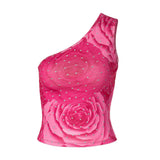 Aimays  Y2K Fashion Cute Pink Flowers Print Sequins Trim Crop Tops 2000S Vintage One Shoulder Sleeveless Tank Top Women Clubwear