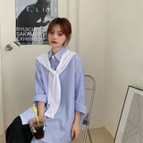 Amfeov Blouses Shirts Women Blue Striped Elegant Loose Large Size Chic Fashion Scarf Collar New Leisure Womens Shirt Oversized