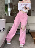 Amfeov Barbie outfits Women's American Perforated Pink Loose Wide Leg Jeans Summer New Street Hip Hop Style Female High Waist Distressed Denim Pants